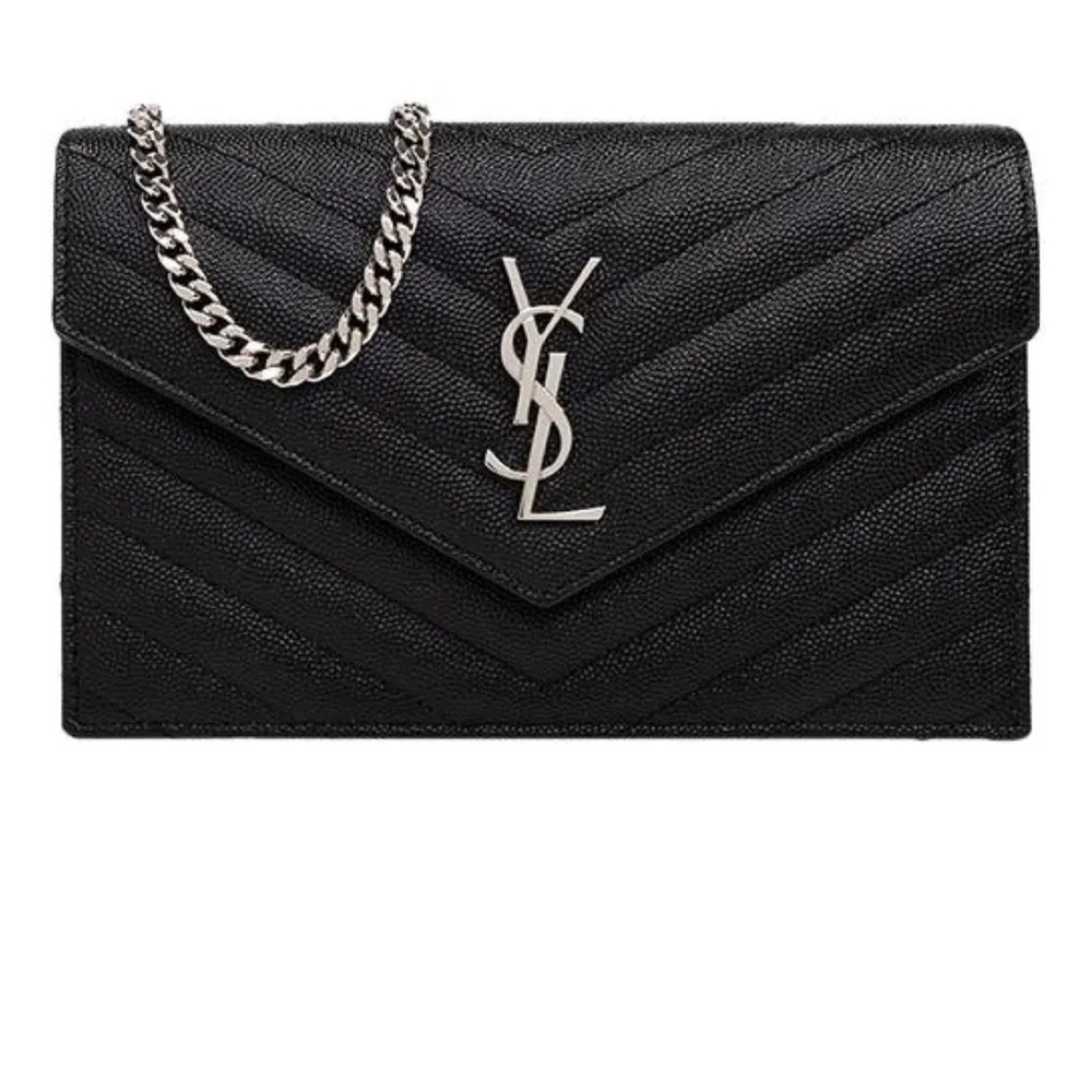 Yves Saint Laurent Black Leather Clutch with Chain Detail